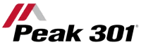 Logo for Peak 301: red and gray abstract design above black text