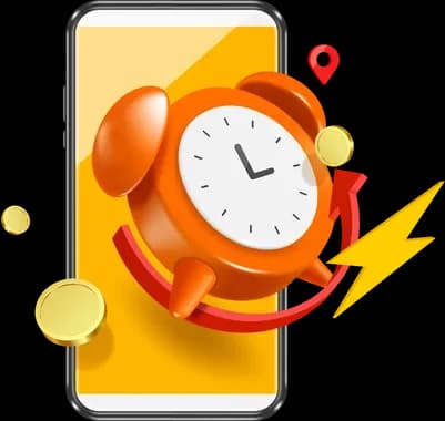 An orange alarm clock is sitting on top of a cell phone.